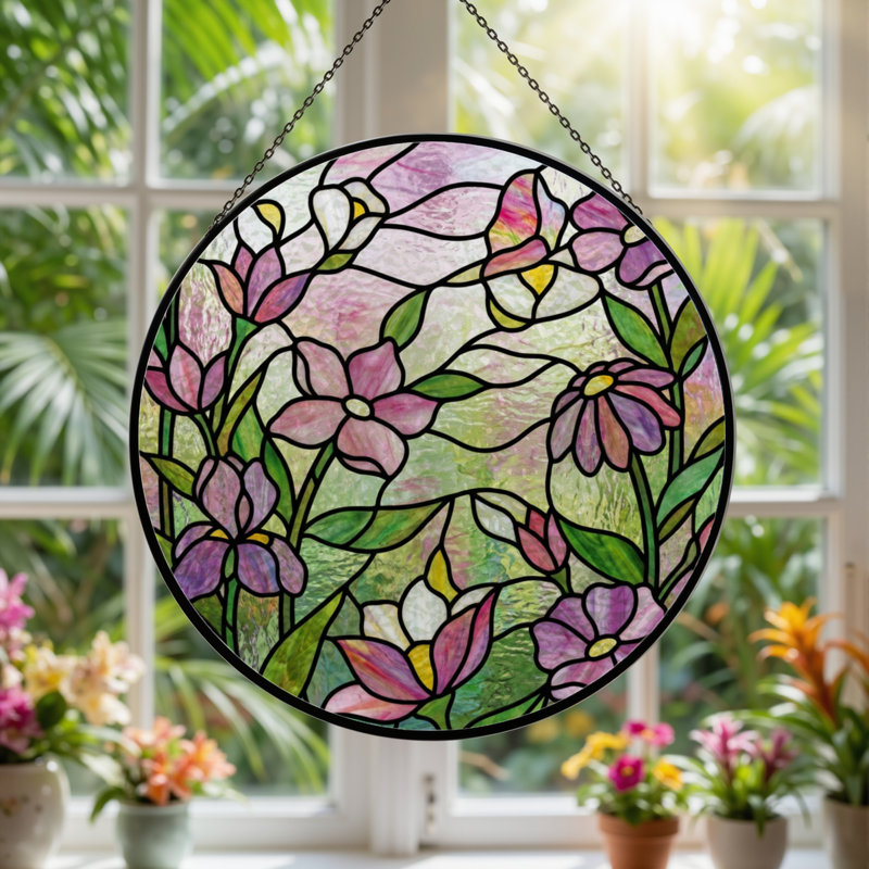 Panneau de vitrail à motif floral, H 12 po x l 12 po