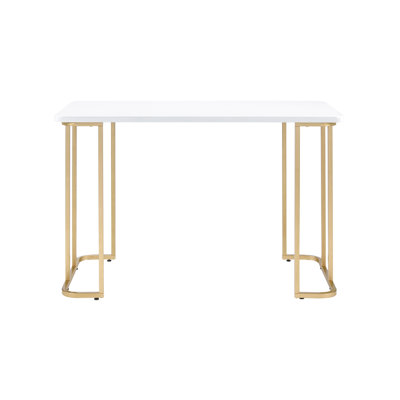 White & Gold Rectangular Table, Open Base, Metal Square Tube Structure, 29" Floor Desk, Frame, Synthetic Wood Surface, 50" Package Depth
