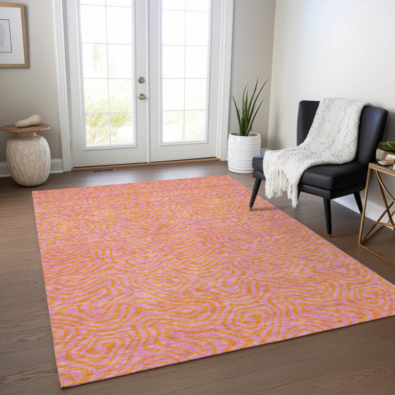 Pink and Orange Swirl Pattern Washable Synthetic Rug