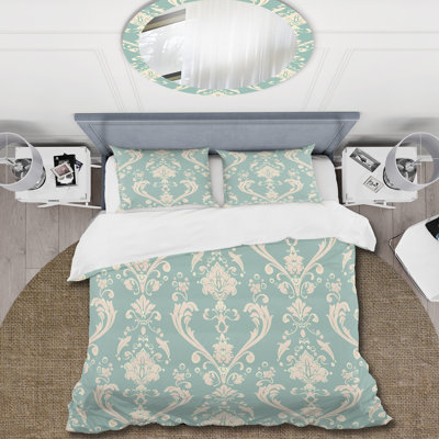Ensemble de housse de couette rétro motif damassé vert rose II