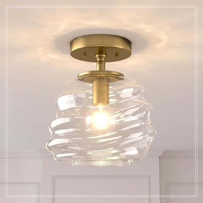 Plafonnier moderne de 8 po x 10 po avec abat-jour en verre transparent, base dorée E26, petite lampe semi-encastrée de style Mid-Century pour vestibule, couloir, chambre à coucher, à intensité variable