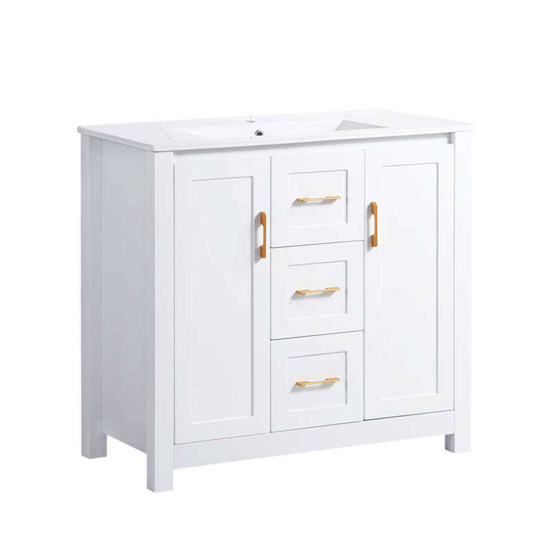 Meuble-lavabo 36 po avec lavabo simple en céramique avec tiroir, porte et armoire de rangement, Blanc