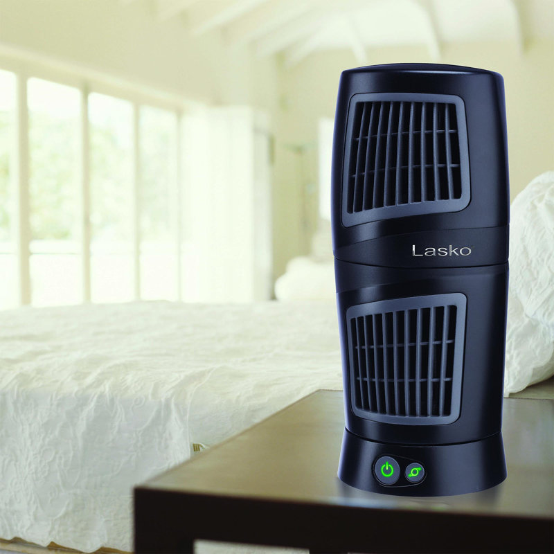 Compact Black Oscillating Tower Fan with Pivoting Top