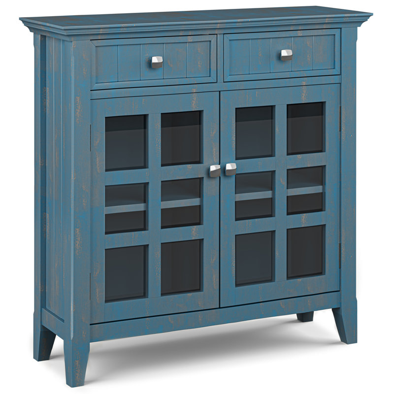 Acadian 36"W Solid Wood 2-Shelf Entryway Storage Cabinet with Glass Doors and 2 Drawers, Blue