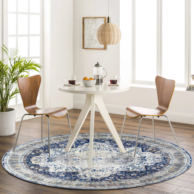Machine Washable Oriental Medallion Soft Rug in Ivory/Navy