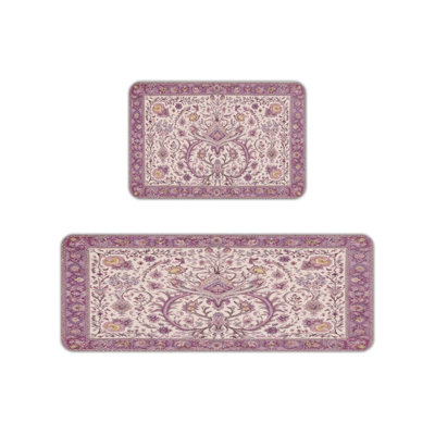 Purple White Persian Kitchen Mats, 2-Piece Set Traditional Rugs For Kitchen & Living Room