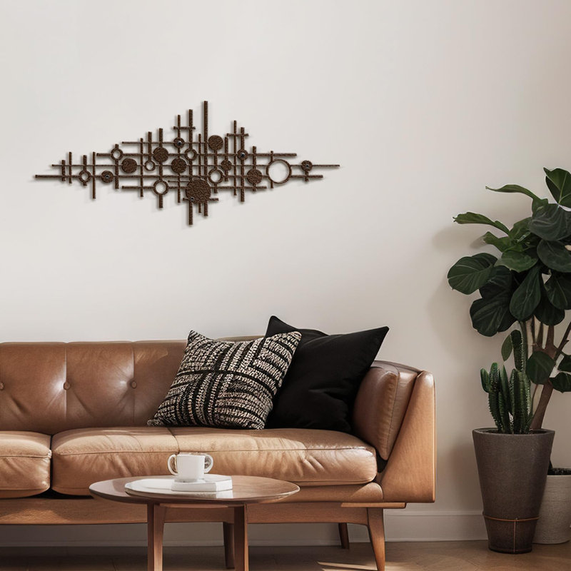 Circle Abstract Shapes Minimalist Modern Abstract Wall Accent Sculpture Hanging Decoration Metal Wall Decor, Brown