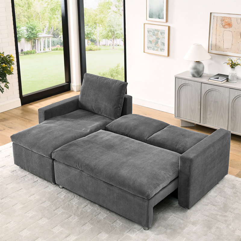 Meuble de salon escamotable avec revêtement en velours côtelé gris et housses de méridienne amovibles, Grey