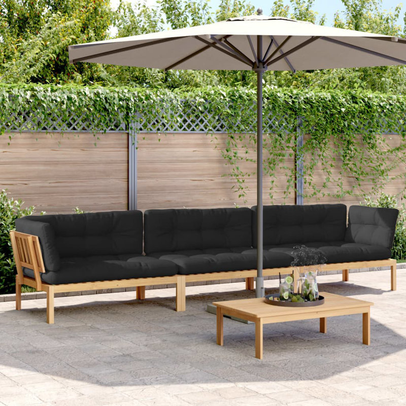Vidaxl Pallet Sofa Set Acacia Wood, Black Cushions, 2x corner + middle + table, Black, Light Brown