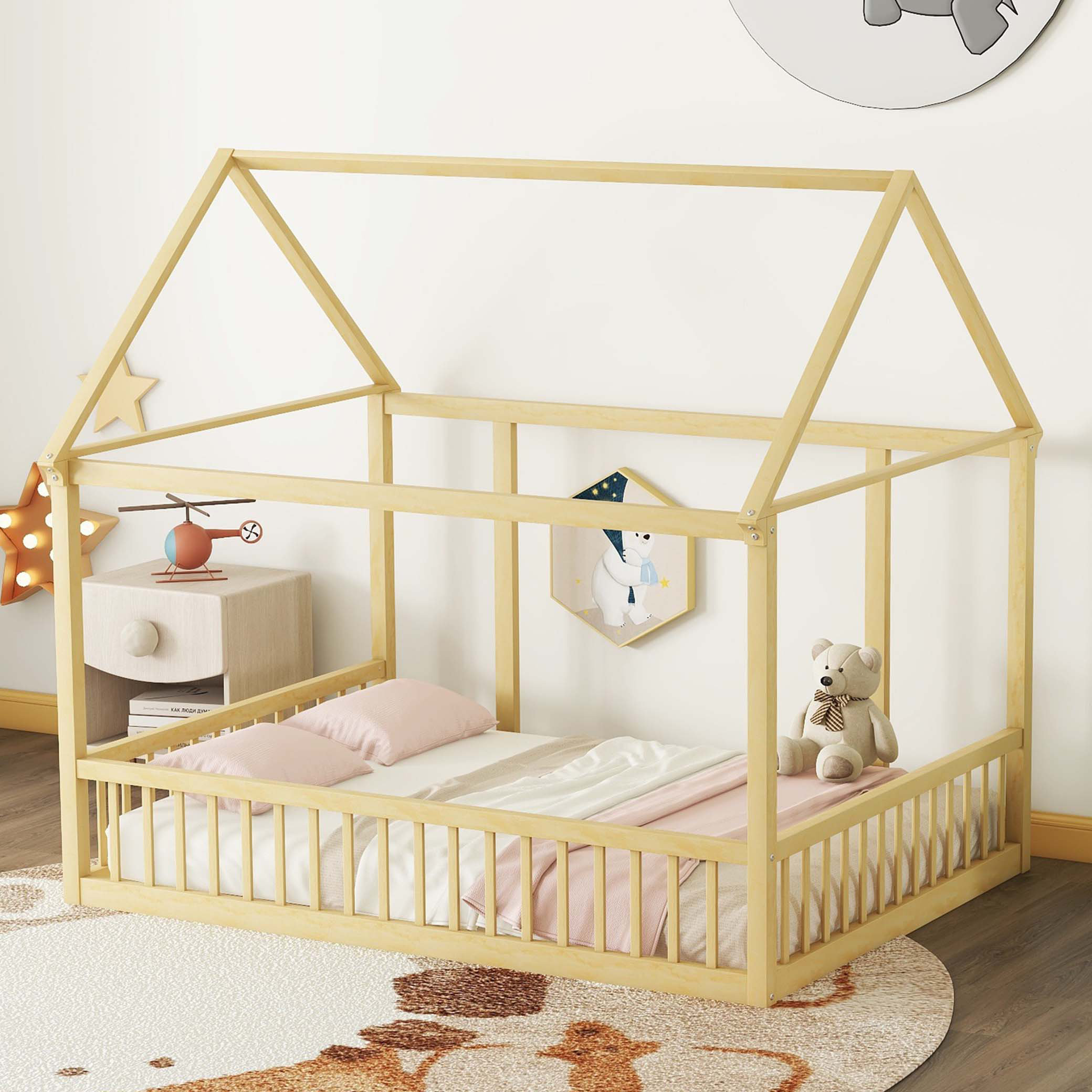 Harper Orchard Full Size Floor Wooden Bed with House Roof Frame and ...