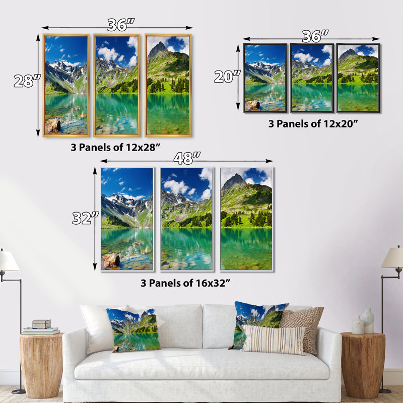 «Bright Day Mountain Lake», ensemble d'art mural sur toile encadré paysage, H 28 po x l 36 po, Noir
