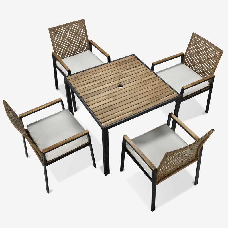 5-Piece 4-Person Outdoor Dining Set with Solid Acacia Wood Table and Cushioned Chairs, Beige