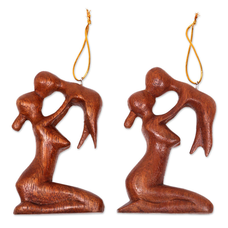Ensemble de 2 ornements en bois sculpté à la main en bois ludique mère et baby