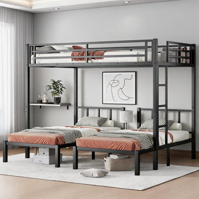 Lit plateforme superposé triple, chambre à coucher avec lit d'enfant à partager, métal noir mat, cadre de lit simple superposé sur lit simple amovible