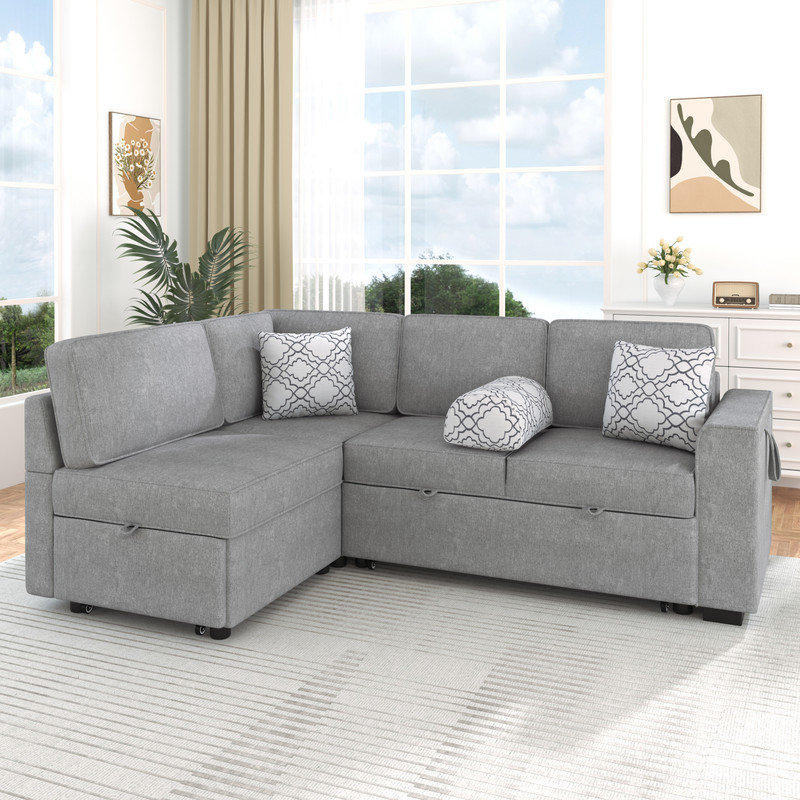 84"W 3-Piece Pull-Out Sectional Sofa Bed, Light Gray Chenille