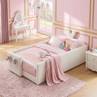 Lit plateforme simple à boucles, tête de lit Bunny Ear, barrière de sécurité et poche de rangement latérale