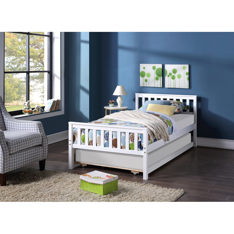 Lit simple avec lit gigogne, cadre de lit plateforme avec tête et pied de lit, pour petit espace de vie dans la chambre à coucher, aucun sommier nécessaire, blanc