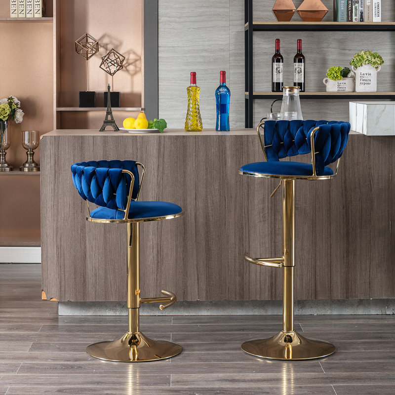 Ensemble de 2 tabourets de bar, avec repose-pieds et base pivotante en velours à hauteur réglable et tabouret de bar simple chromé