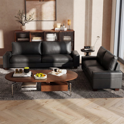 Upholstered Vegan Leather Sofa With Square Arms And Storage Pockets