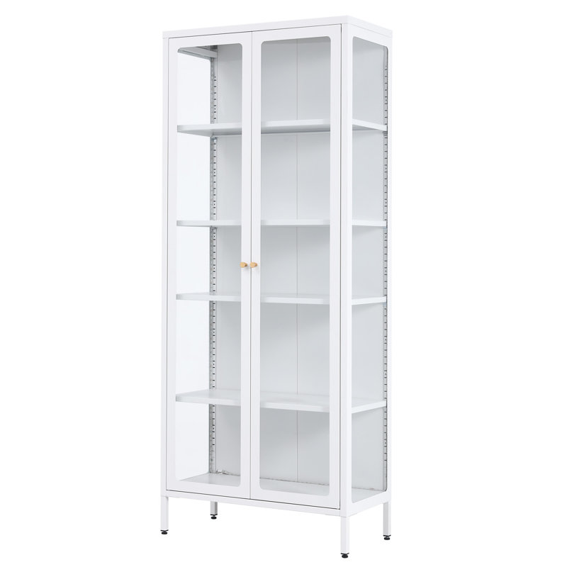5-Tier White 3-Sided Glass Dining Cabinet with Lights, Metal Display Stand, White