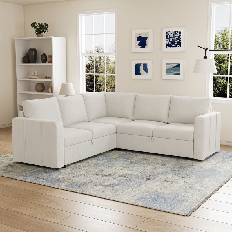 Aubade Storage L-Shaped Modular Sofa Set With Pull-Out Sofa Bed, Beige Chenille
