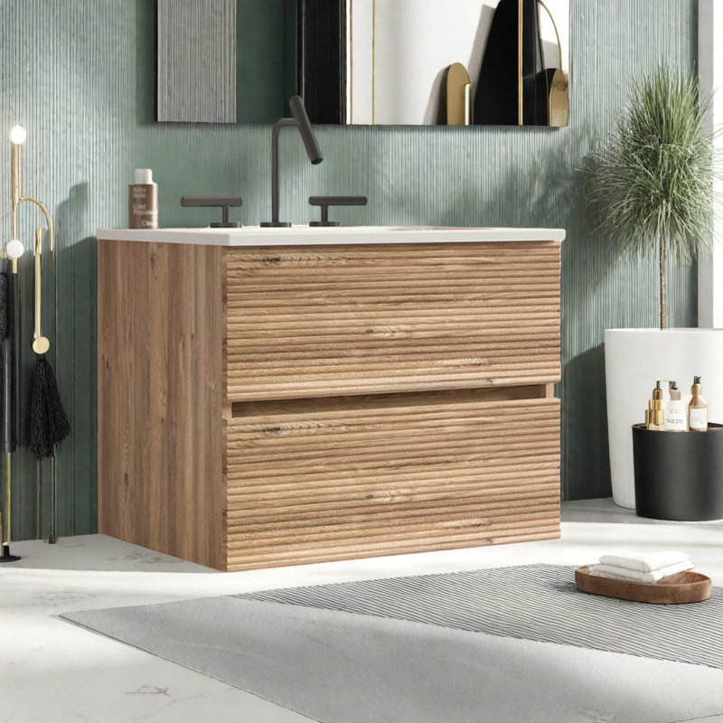 Meuble-lavabo mural moderne en chêne et lavabo, rangement peu encombrant, salle de bain luxueuse