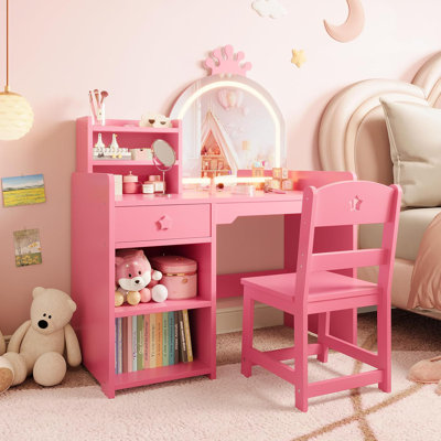 Make Up Vanity Table and Chair Set with Mirror and Lights, Makeup Vanity Desk with Drawer and Open Storage Shelves, Wooden Dressing Table for Bedroom by Gemma Violet