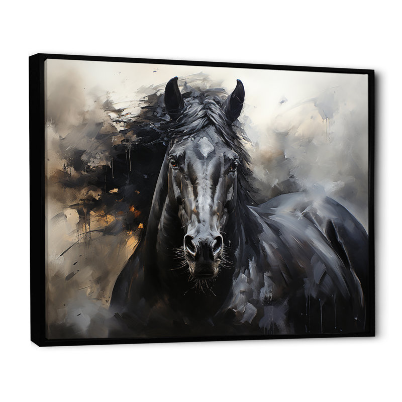 Étalon noir en mouvement - reproductions encadrées de chevaux, H 24 po x l 32 po x P 1 po, Cadre flottant noir