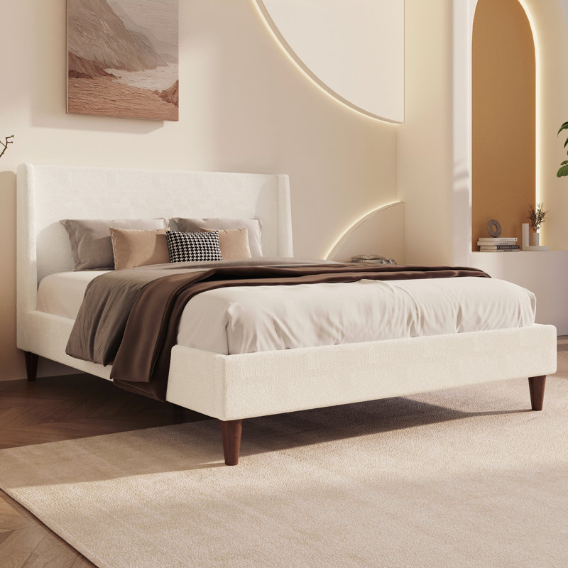Upholstered Platform Bed With Wingback Headboard, Ivory, Queen