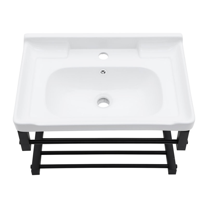 23.7" L x 15.7" W Ceramic Wall Mount Bathroom Sink White Rectangular Wall Hung Sink with Towl Rack and Overflow Hole