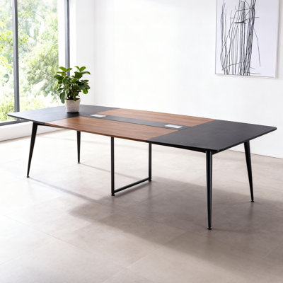 Conference Table, 8 ft Boat Shaped Office Meeting Table for 10 Person, Modern Large Boat Meeting Desk with Metal Legs, Ideal for Office, Boardroom, Conference Room, Easy Assembly, Black & Brown