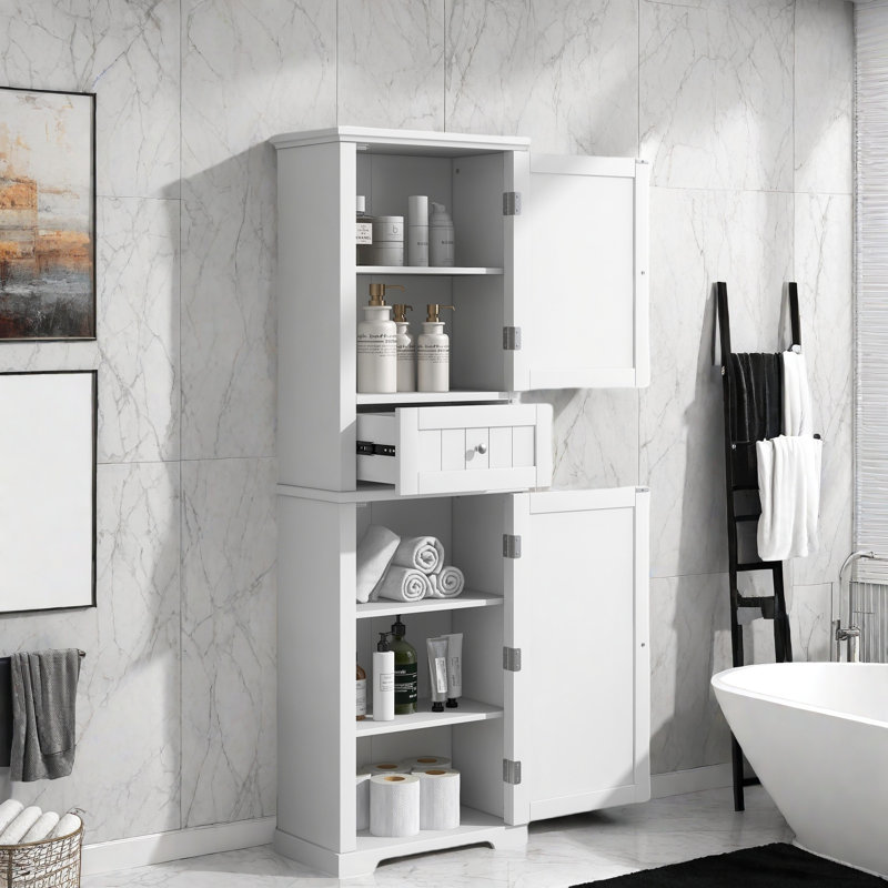 Grande armoire de rangement pour salle de bain avec tiroir, armoires de rangement et tablette réglable, conception à rayures verticales