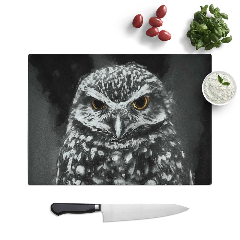 Glass Little Owl in Abstract Chopping Board, 28.5 cm W x 20 cm L