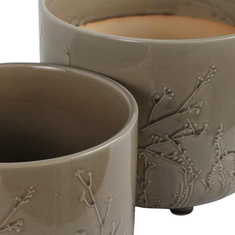 Ceramic Stoneware Planter With Raised Botanical Texture And Footed Base - Modern Decorative Garden Accent