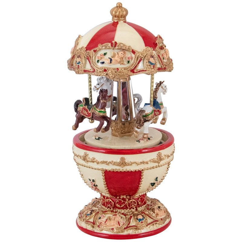 Ivory and Red Resin 7.25" Musical Horse Carousel