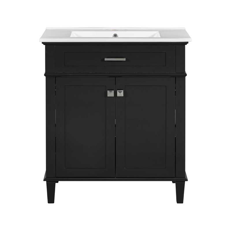 Meuble-lavabo de 30 po avec lavabo en céramique, porte à fermeture en douceur et tablettes réglables, Noir, noir, noir, noir