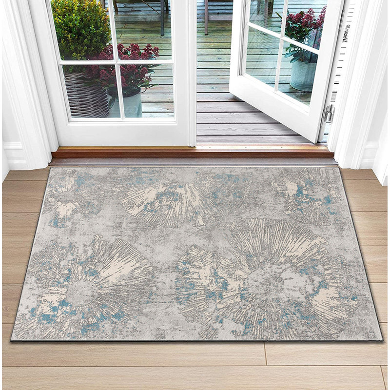 Tapis d'entrée à motif abstrait bleu / gris 3 pi x 5 pi (2 pi 8 po x 4 pi 8 po) Branch Branch Zephira