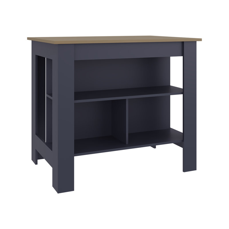 Îlot de cuisine, trois tablettes ouvertes, une tablette supérieure, quatre pieds, un décor de cuisine moderne, Bleu