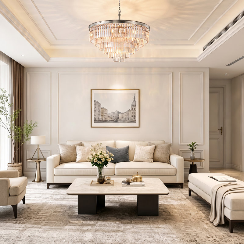 Lustre moderne en cristal 25 lumières 39 po, H 21,7 po x l 39 po x P 39 po, Nickel brossé, 25 lumières