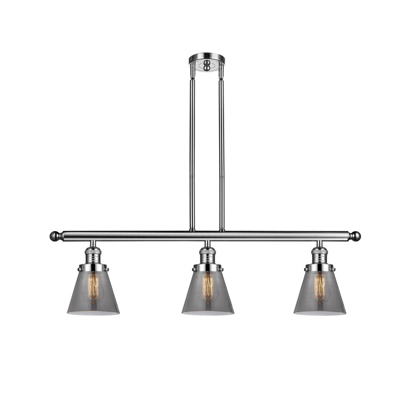 Cone 3 Light Stem Hung Island Light, 36" H x 36" W x 8" D, Smoked, Polished Nickel