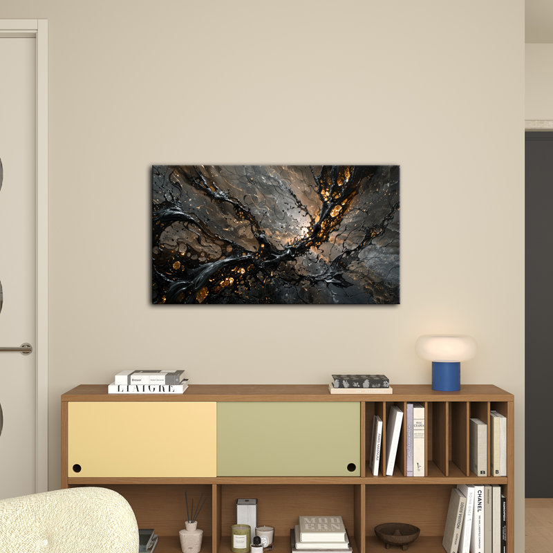 Obsidian Energy: Interwoven Black and Gold Abstract Textures (customizable) by Genie's Poems, 12" H x 18" W