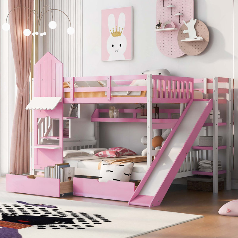 Lit superposé de style château avec 2 tiroirs de rangement et 3 tablettes, Lit double, Rose