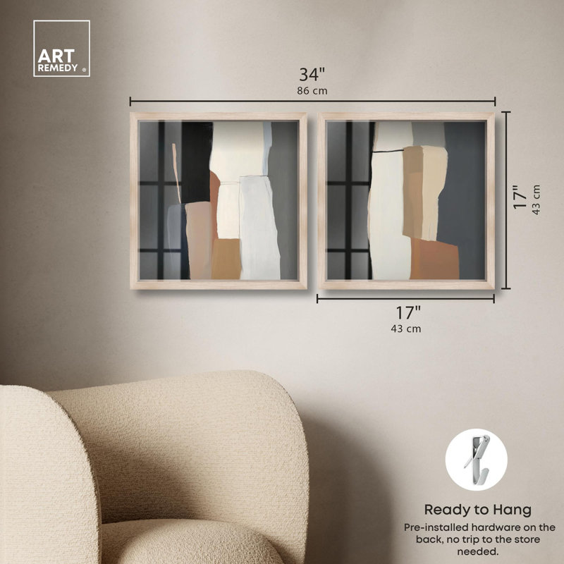 «Neutral Passageway pair Shadowbox», ensemble d'art mural doré par Art Remedy, cadre blond, 16 x 16, H 17 po x l 17 po