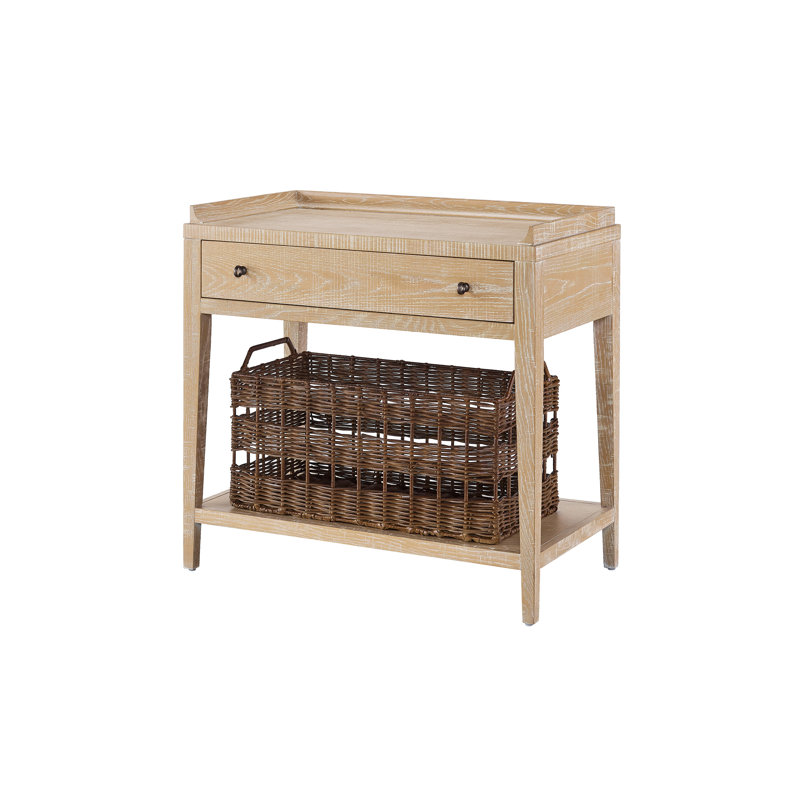 1 - Drawer Nightstand with Wicker Basket, Rustic Natural Oak