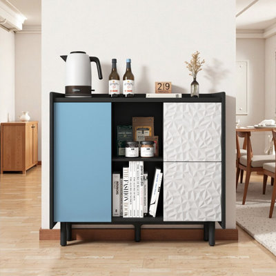 Modern Sideboard Buffet Cabinet with Red Doors - 2 Drawers, Open Storage & Enclosed Cabinet for Kitchen, Dining Room or Living Room, Black Accent Furniture
