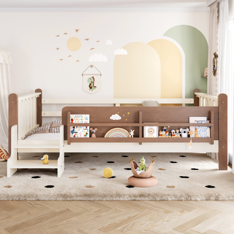 Full Size Solid Wood Kids Floor Bed with Storage Bookcases, Stairs & Guardrails, No Box Spring Needed, Montessori Platform Bed, Beige