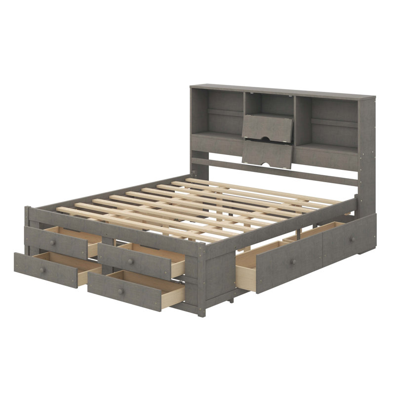 Lit plateforme avec tête de lit avec rangement et 8 tiroirs, Très grand lit, Gris