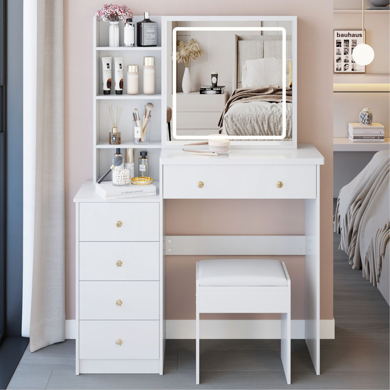 Meuble-lavabo de 37 po avec tabouret de taille moyenne 37 po + tabouret rembourré, grande commande tactile, interrupteur tricolore, miroir à luminosité réglable, rangement grande capacité, convient aux espaces moyens