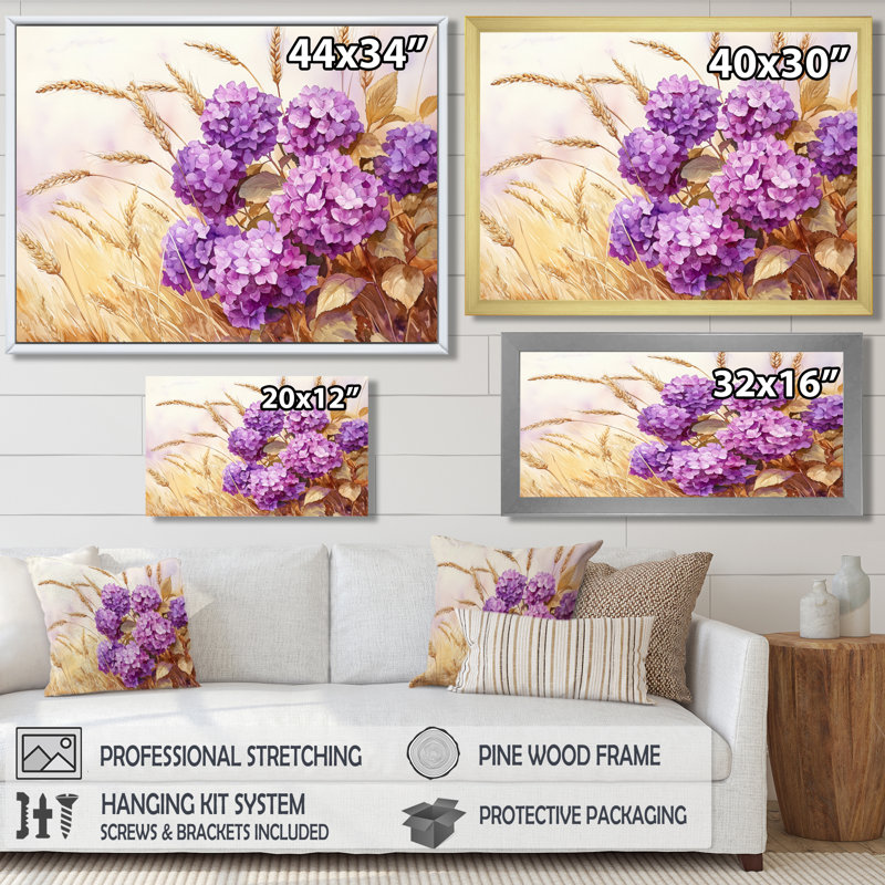 Hortensias dans la récolte de blé III - hydrangées grand art mural, H 12 po x l 20 po, Noir
