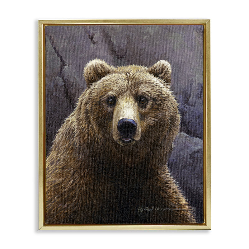"Surpris Bear Portrait", art mural encadré sur toile flottante par Rod Lawrence, Cadre flottant métallique doré